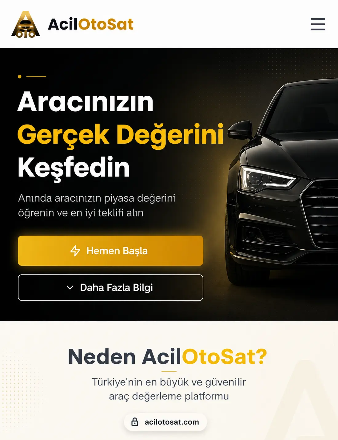 Acil Oto Sat website showing its direct vehicle valuation proposition