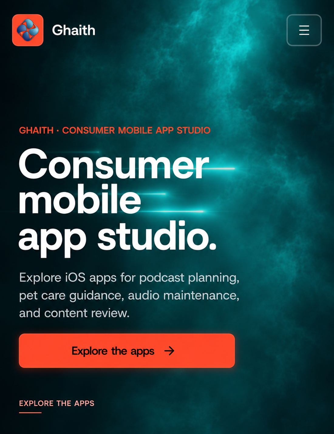Ghaith consumer mobile app studio website with its product-first app showcase